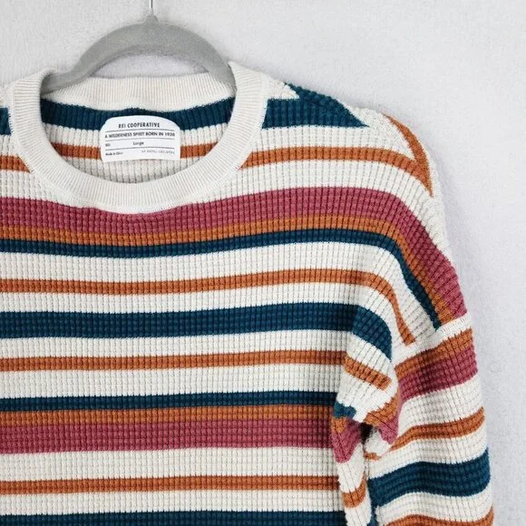 REI Sweater Women Large White Blue Striped Waffle Knit Pullover Cotton Crew Neck - Picture 2 of 12